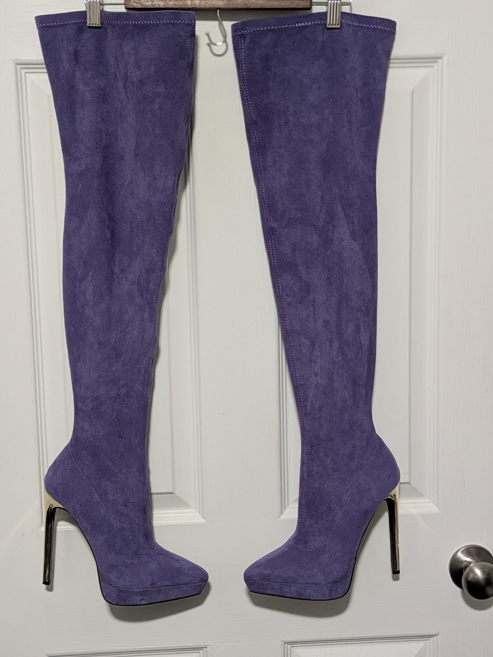 Purple Suede Over Knee Boots Women 8.5 Silver Stiletto Heel Platform